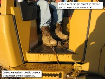 Slide 15: untied laces can get caught in moving parts, on pedals, or cause a fall
