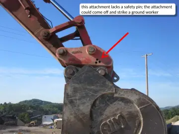 Slide 21: this attachment lacks a safety pin; the attachment could come off and strike a ground…