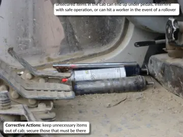 Slide 23: unsecured items in the cab can end up under pedals, interfere with safe operation, or can…