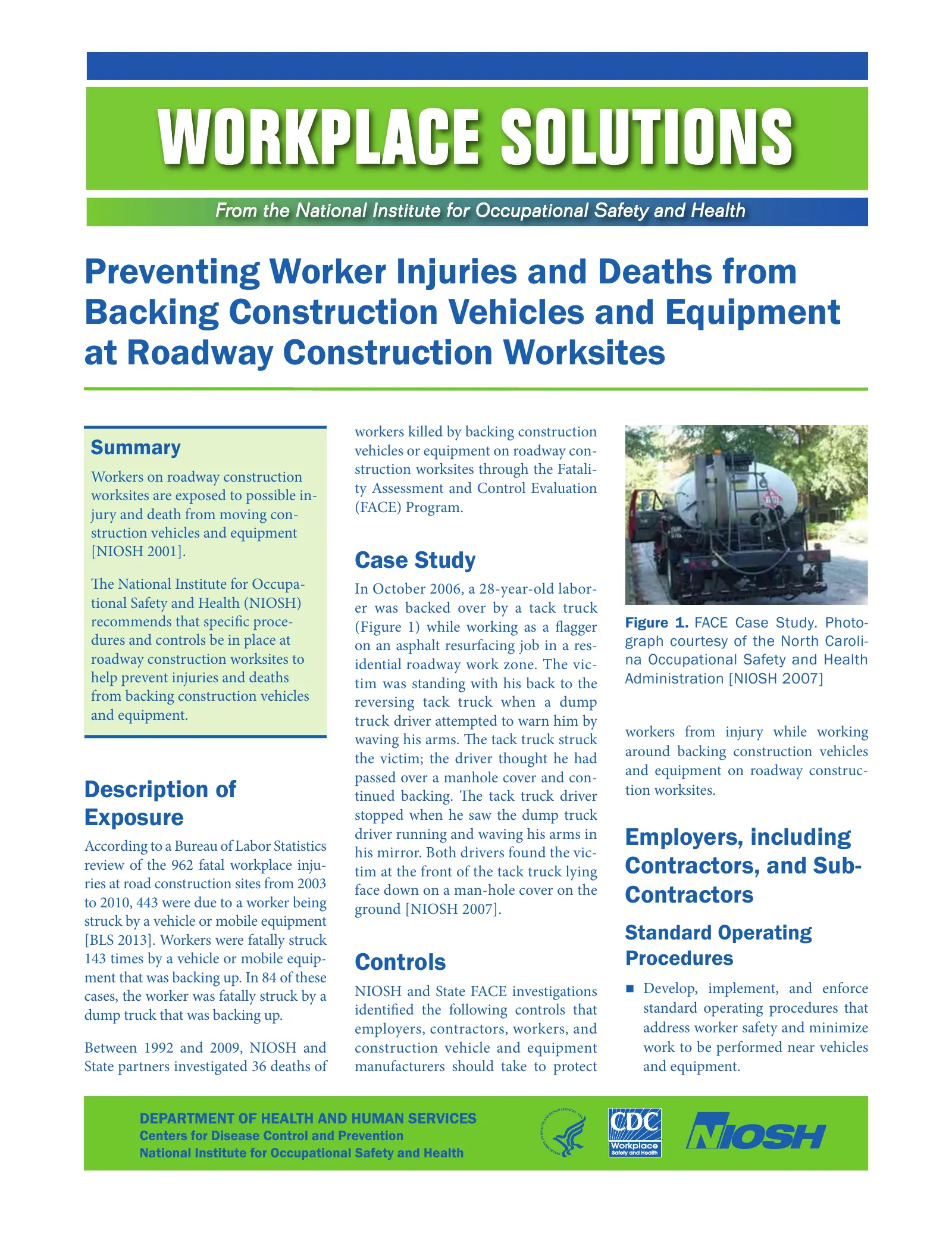 Preventing Worker Injuries and Deaths from Backing Construction Vehicles and Equipment at Roadway Construction Worksites (NIOSH 2014-125), page 1: WORKPLACE SOLUTIONS