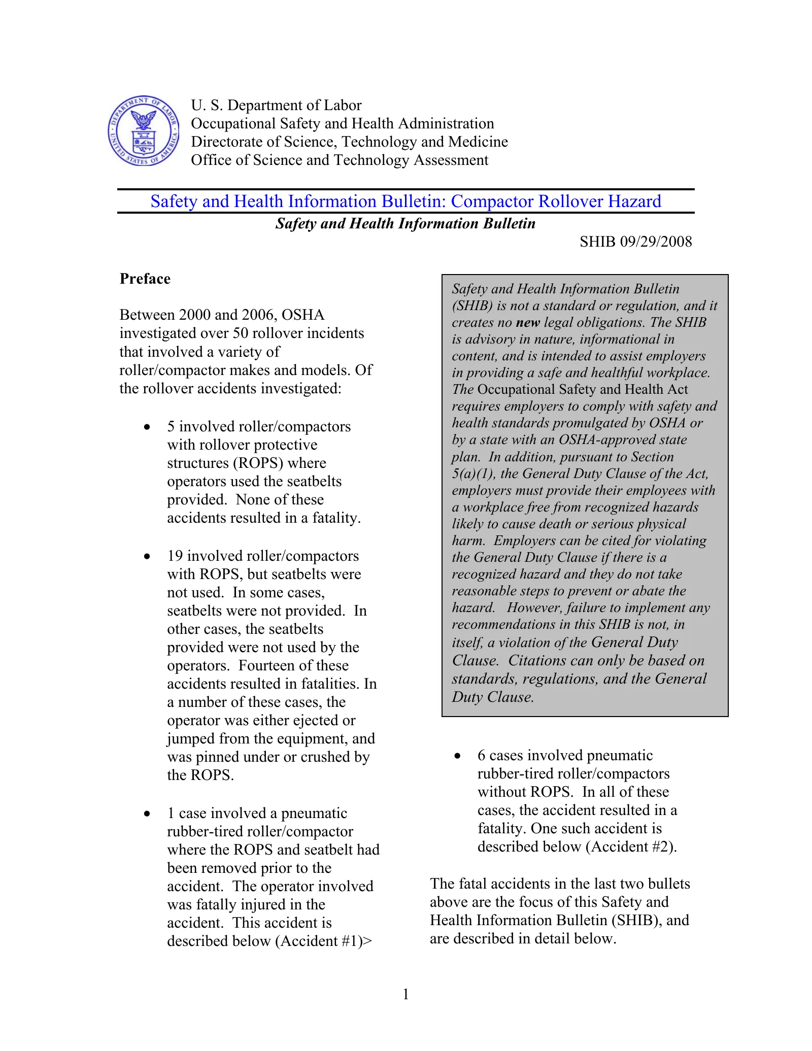 Compactor Rollover Hazard (OSHA Safety and Health Information Bulletin), page 1: Safety and Health Information Bulletin: Compactor Rollover Hazard
