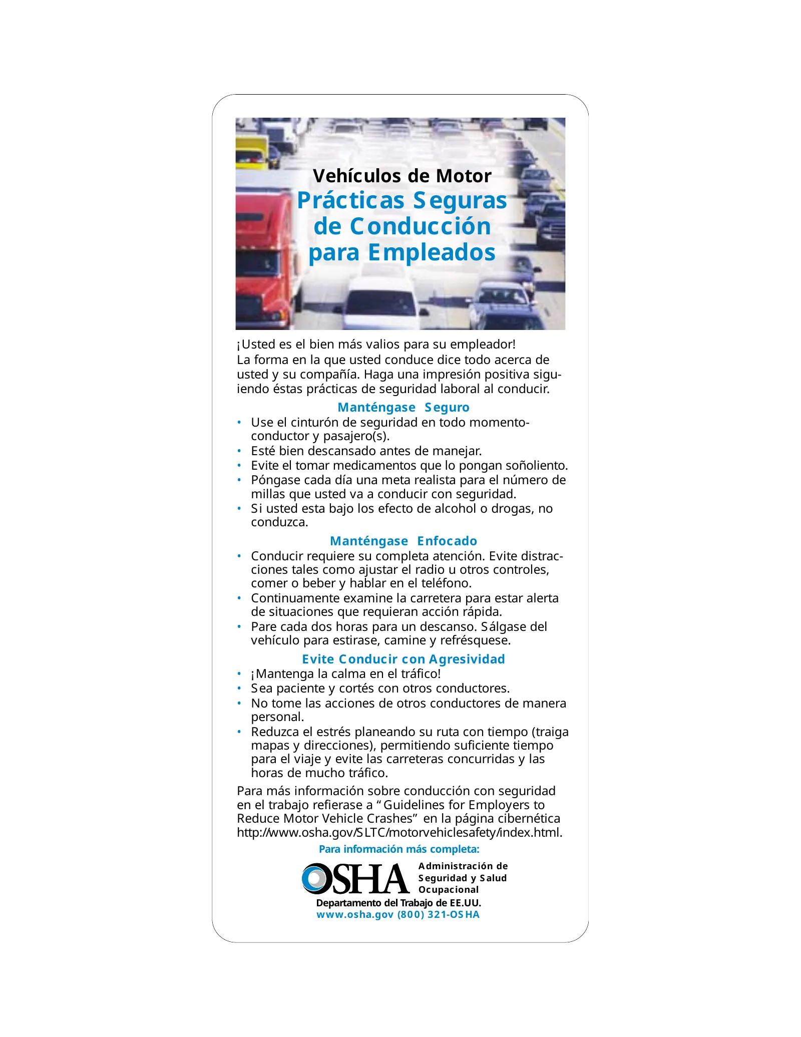 Tarjeta: Prácticas seguras de conducción de vehículos motorizados (OSHA 3314), page 1: Prácticas Seguras de Conducción para Empleados