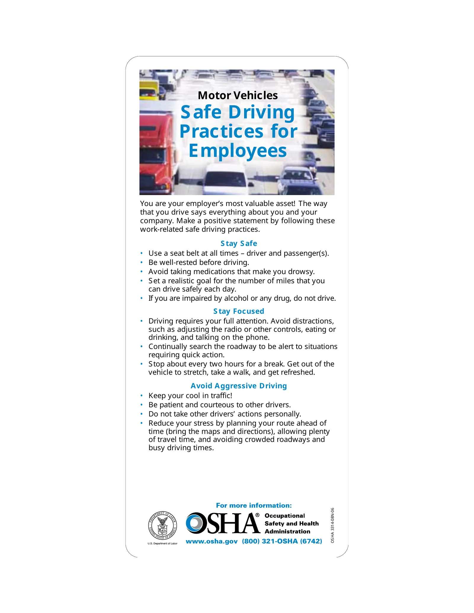 Motor Vehicle Safe Driving Practices QuickCard (OSHA 3314), page 1: Safe Driving Practices for Employees
