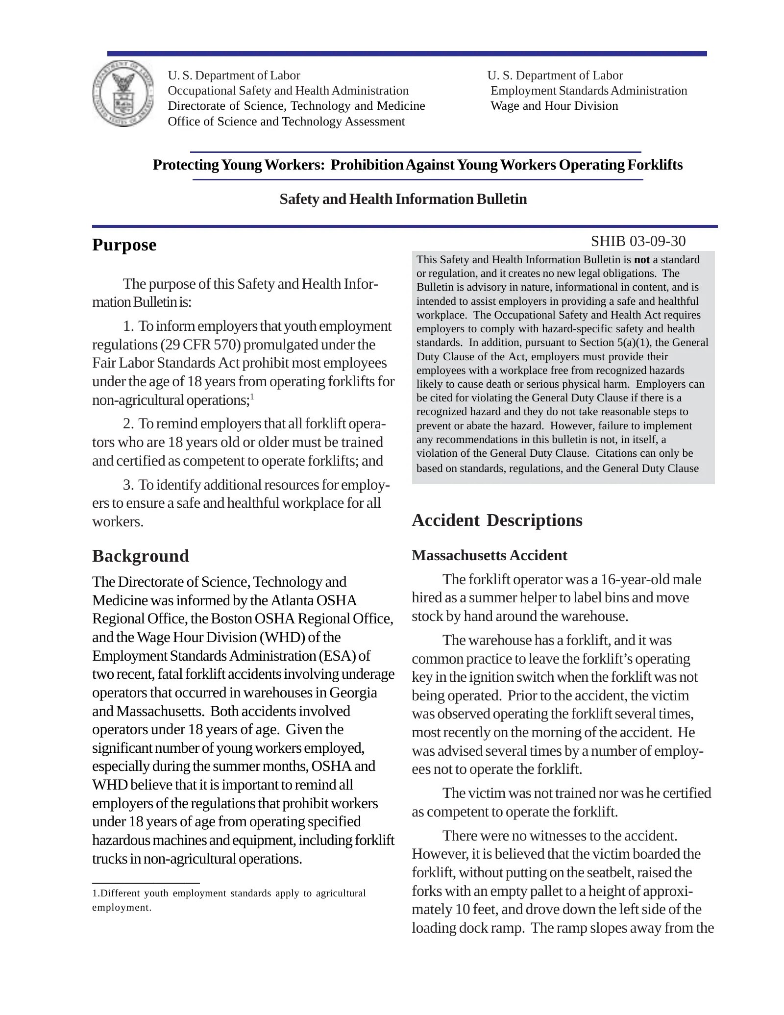 Protecting Young Workers: Prohibition Against Young Workers Operating Forklifts (OSHA SHIB 09-30-2003), page 1: Purpose