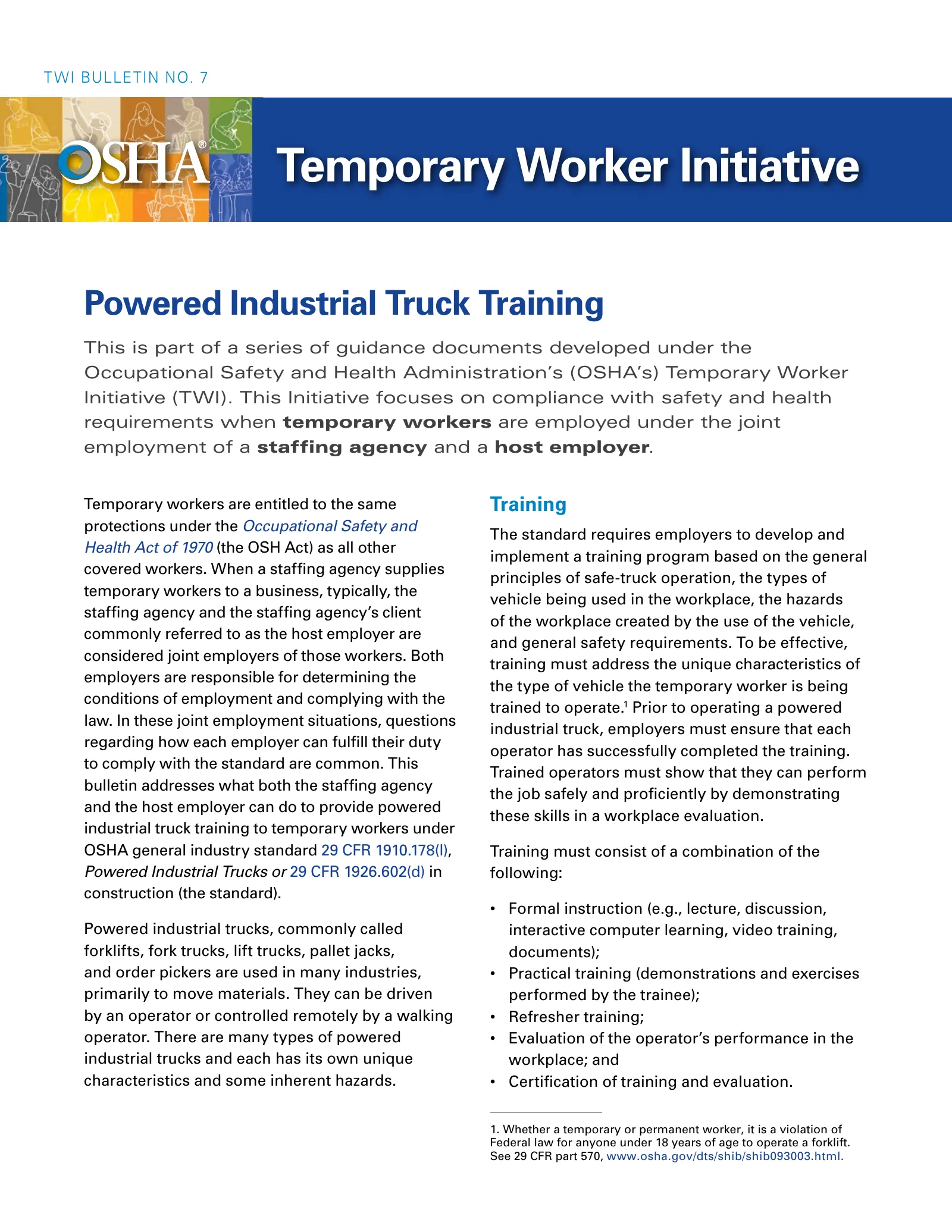 Temporary Worker Initiative (TWI) Bulletin No. 7 - Powered Industrial Truck Training (OSHA 3889), page 1: Temporary Worker Initiative