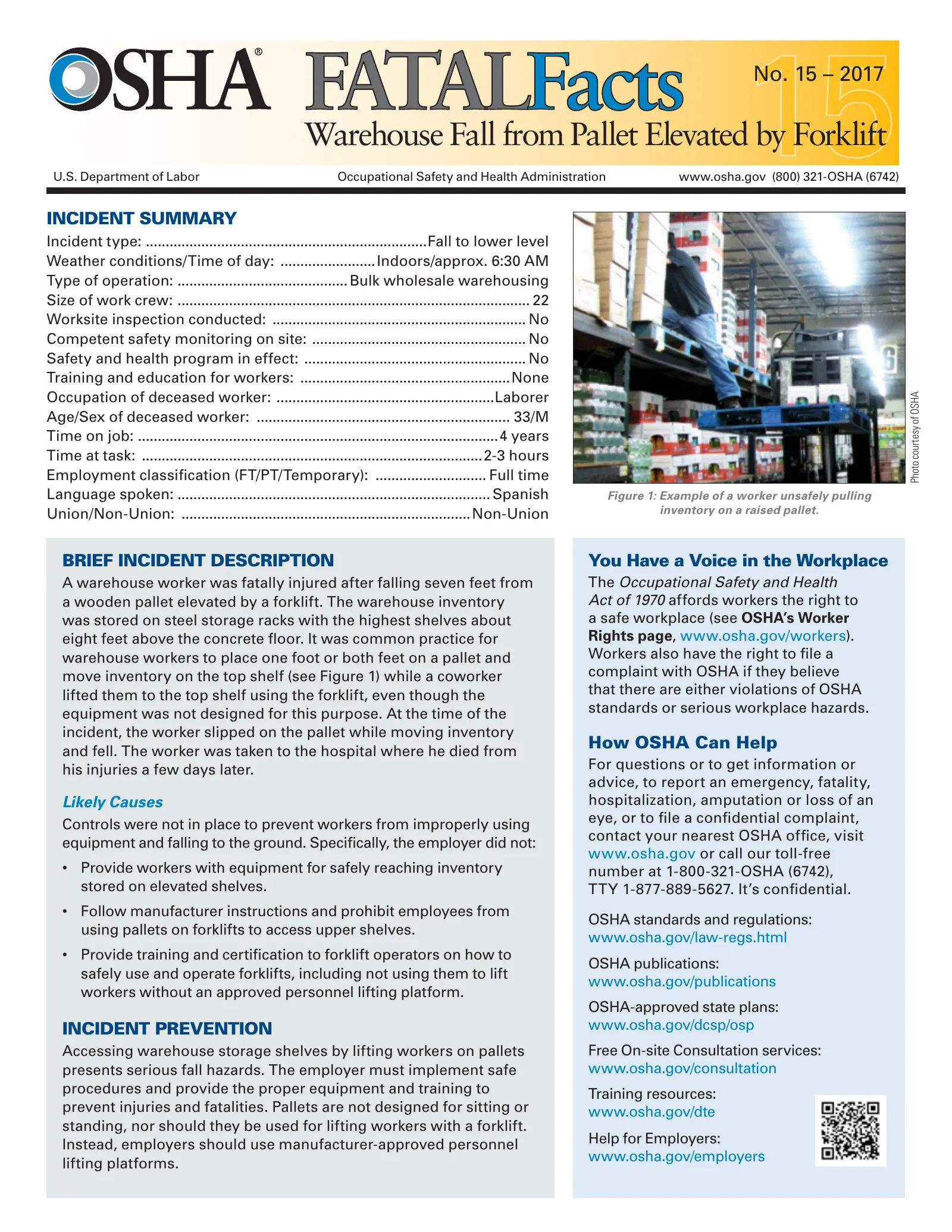 Warehouse Fall from Pallet Elevated by Forklift: Fatal Facts (OSHA 3916), page 1: FATALFacts