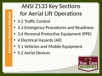 Slide 50: ANSI Z133 Key Sections for Aerial Lift Operations
