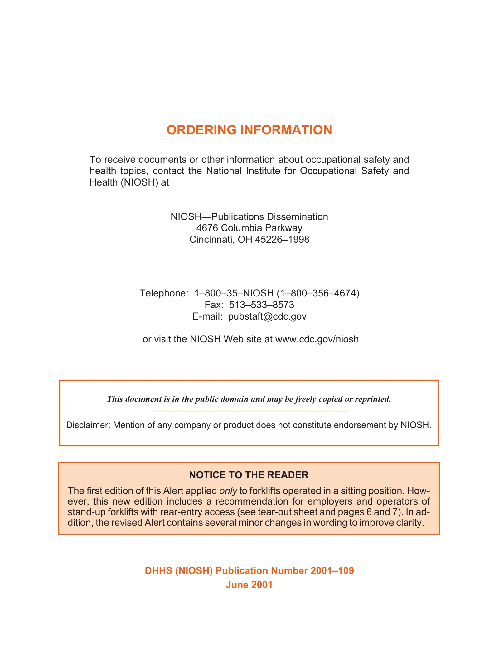Preventing Injuries and Deaths of Workers Who Operate or Work Near Forklifts (NIOSH Alert 2001-109), page 1: ORDERING INFORMATION