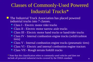 Slide 41: Classes of Commonly-Used Powered Industrial Trucks*
