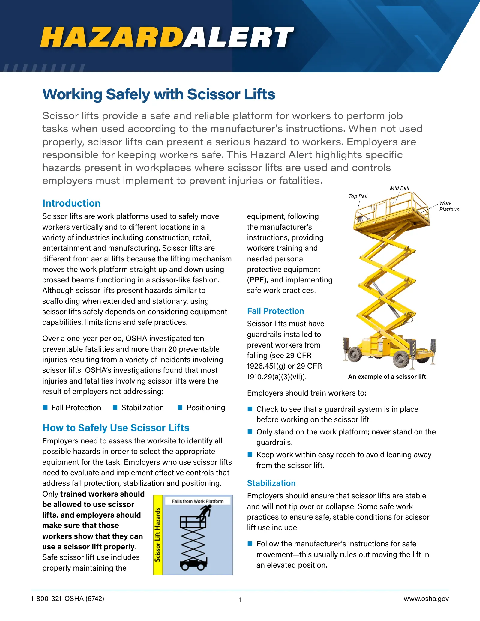Scissor Lifts: Working Safely with Scissor Lifts Hazard Alert (OSHA HA 3842), page 1: HAZARDALERT