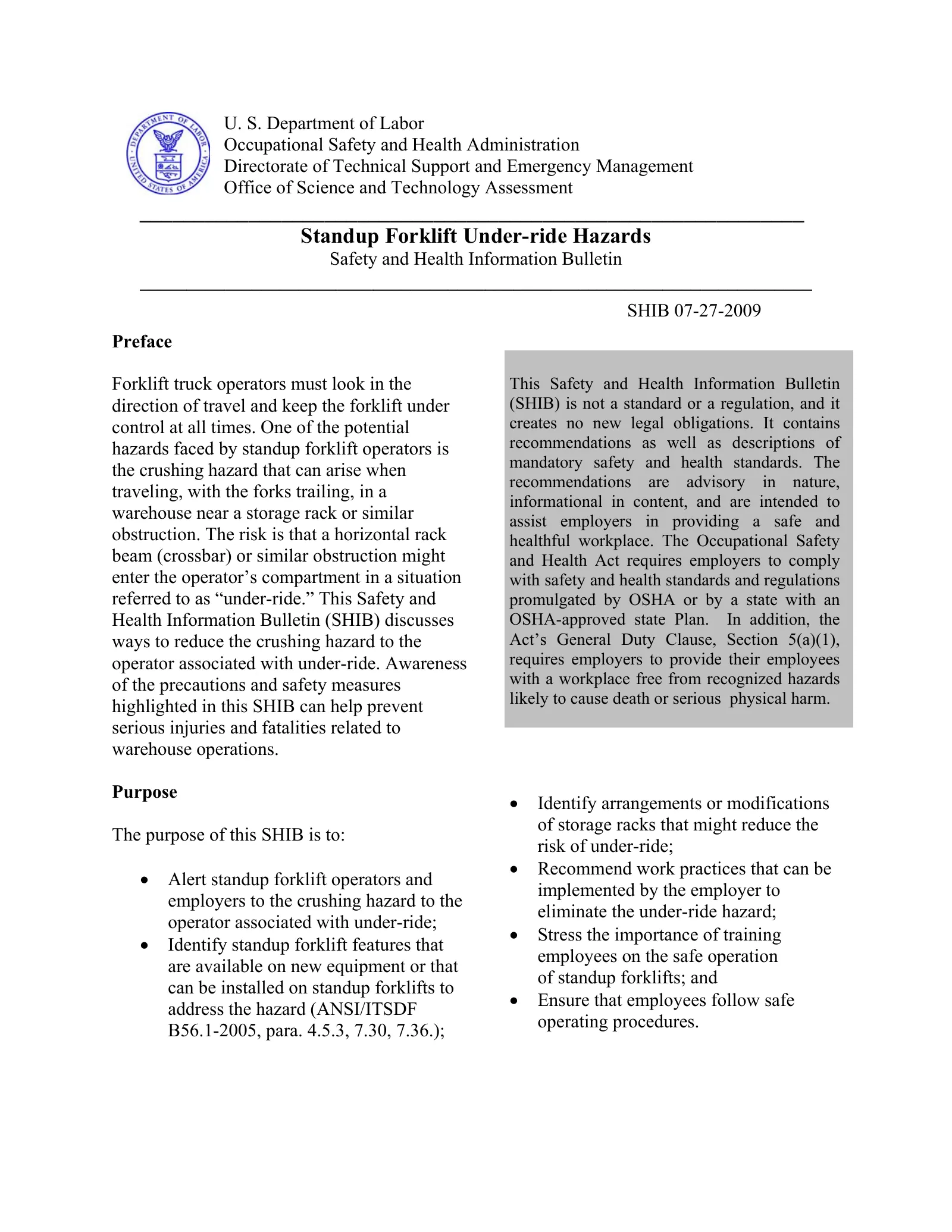 Standup Forklift Under-ride Hazards (OSHA Safety and Health Information Bulletin), page 1: Standup Forklift Under-ride Hazards