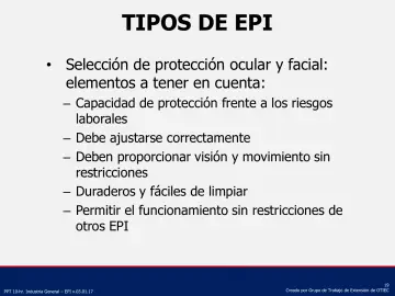 Slide 19: Selección de protección ocular y facial: elementos a tener en cuenta: