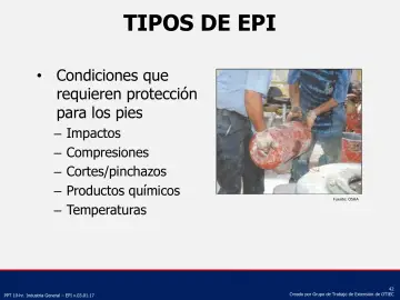 Slide 42: Condiciones que requieren protección para los pies