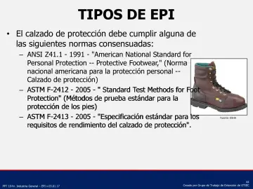 Slide 44: El calzado de protección debe cumplir alguna de las siguientes normas consensuadas: