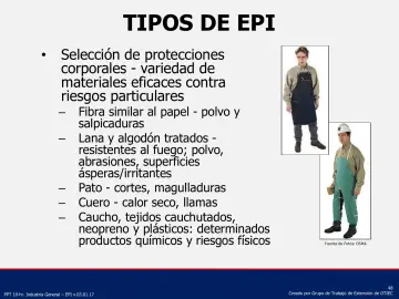 Slide 48: Selección de protecciones corporales - variedad de materiales eficaces contra riesgos…
