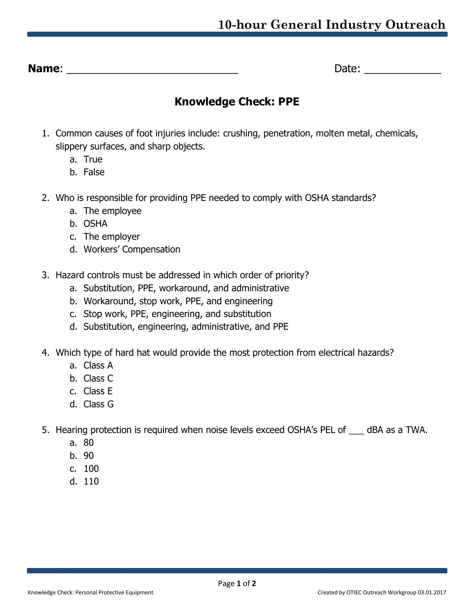 Personal Protective Equipment: Knowledge Check (OSHA 10-Hour General Industry Outreach), page 1: 10-hour General Industry Outreach
