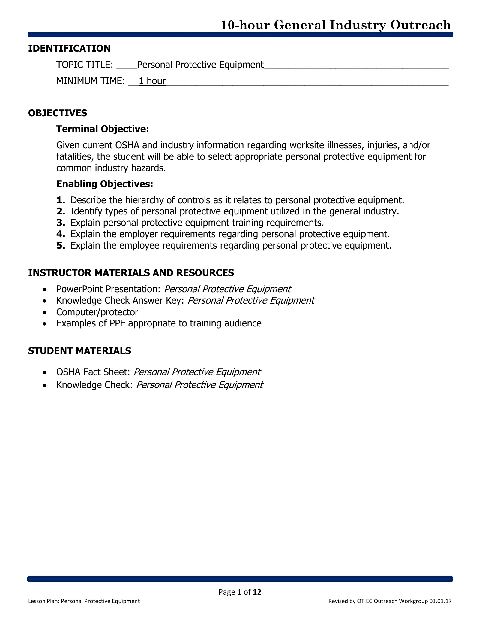 Personal Protective Equipment: Lesson Plan (OSHA 10-Hour General Industry Outreach), page 1: IDENTIFICATION