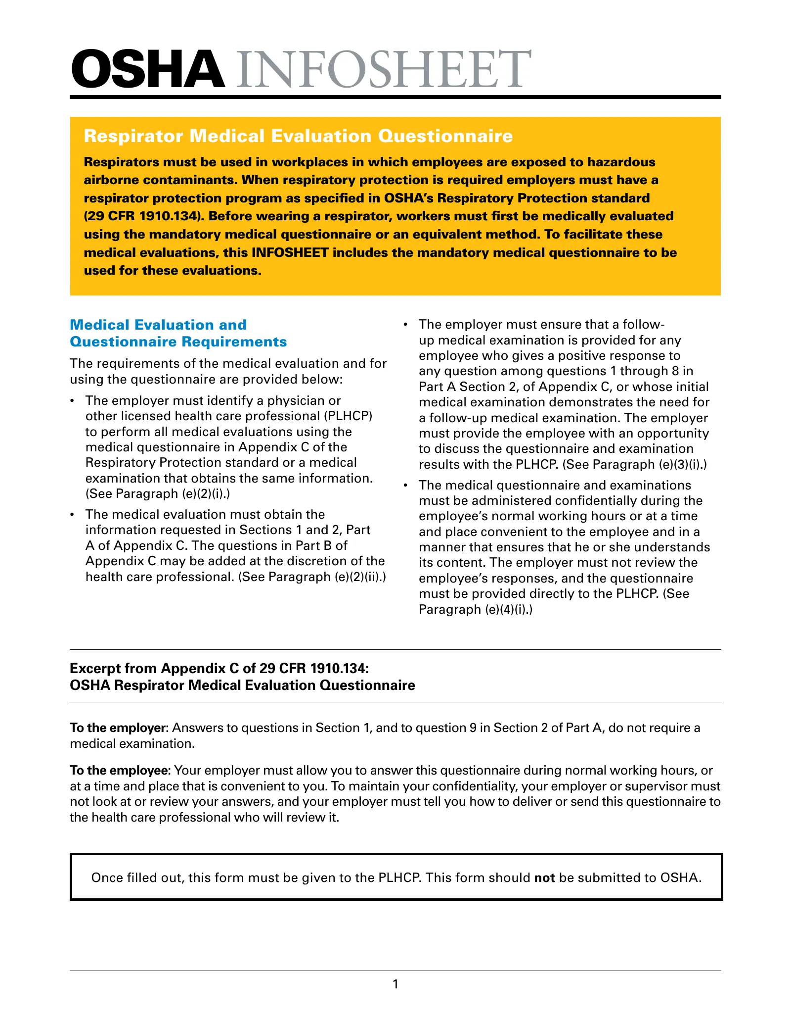 InfoSheet: Respirator Medical Evaluation Questionnaire (OSHA 3790), page 1: OSHA INFOSHEET