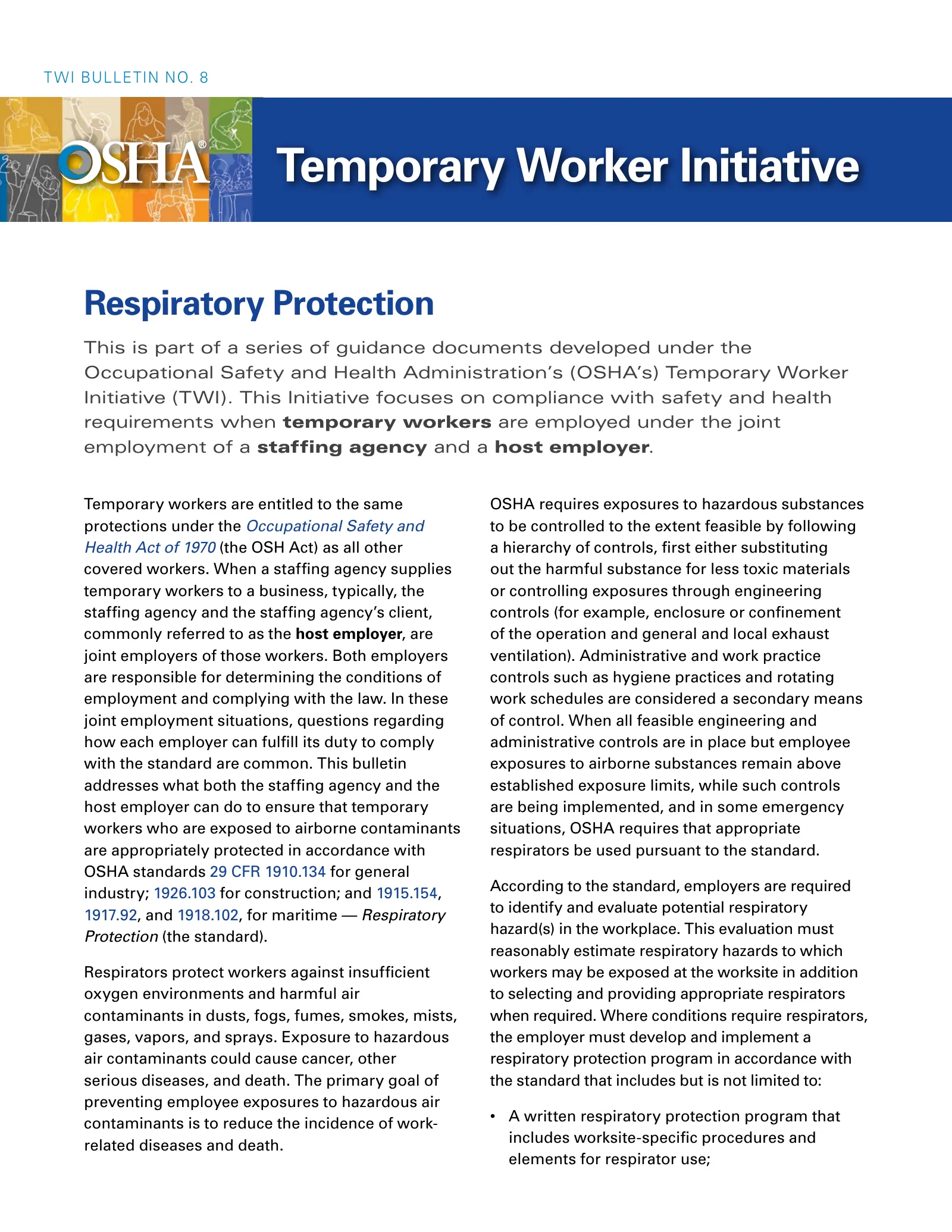 Temporary Worker Initiative (TWI) Bulletin No. 8 - Respiratory Protection (OSHA 3952), page 1: Temporary Worker Initiative