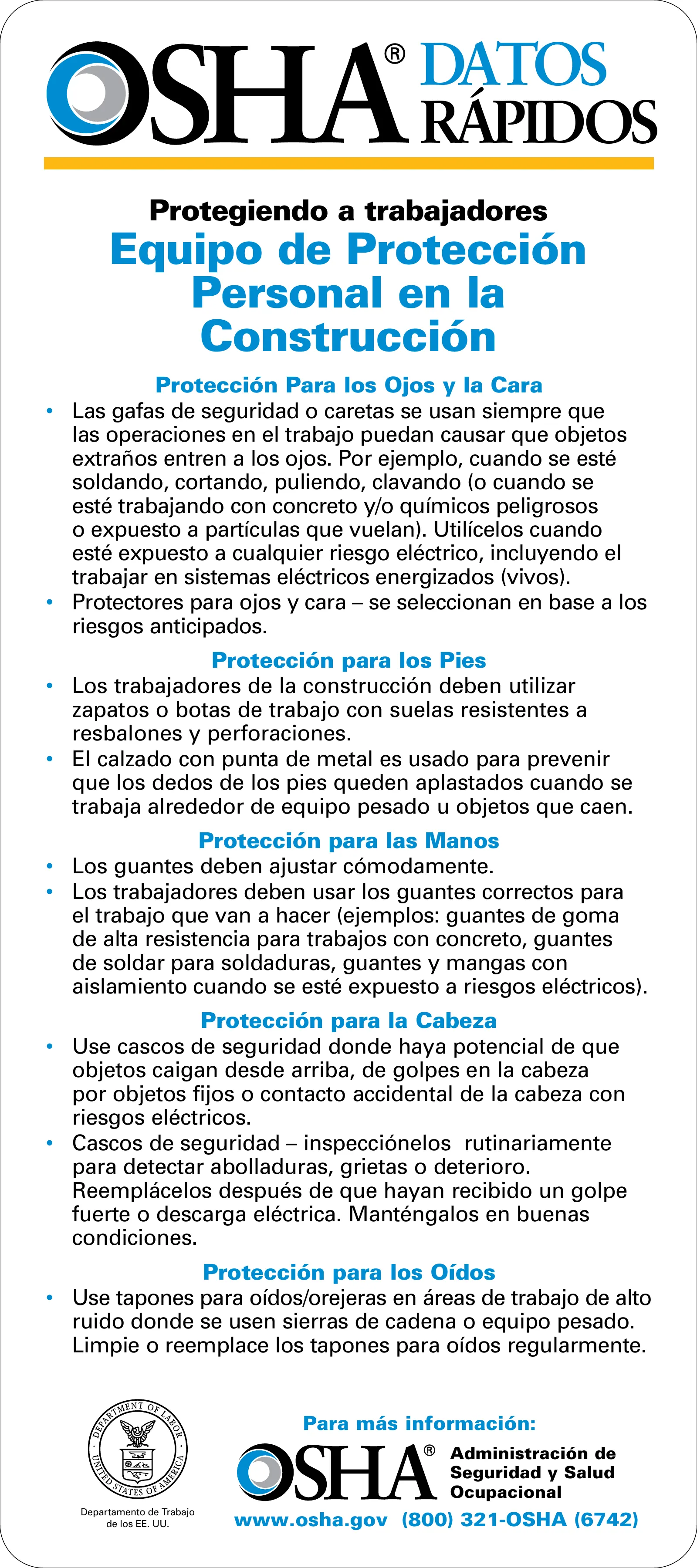 Tarjeta: EPP en la construcción (OSHA 3289), page 1: DATOS RÁPIDOS