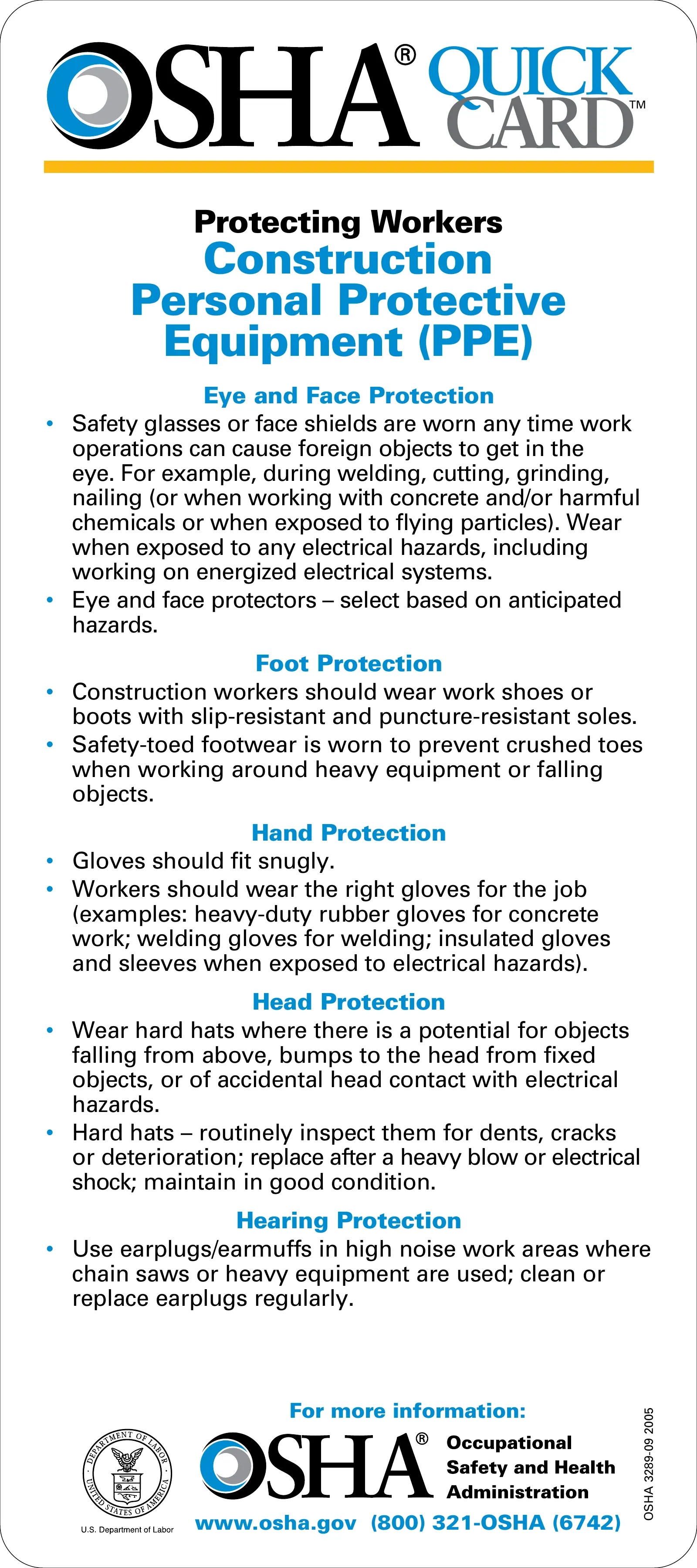 Construction PPE QuickCard (OSHA 3289), page 1: CARD