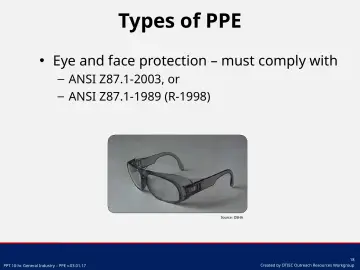 Slide 18: Eye and face protection – must comply with