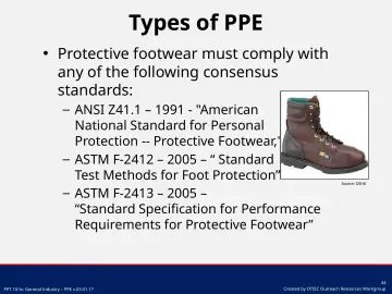 Slide 44: Protective footwear must comply with any of the following consensus standards: