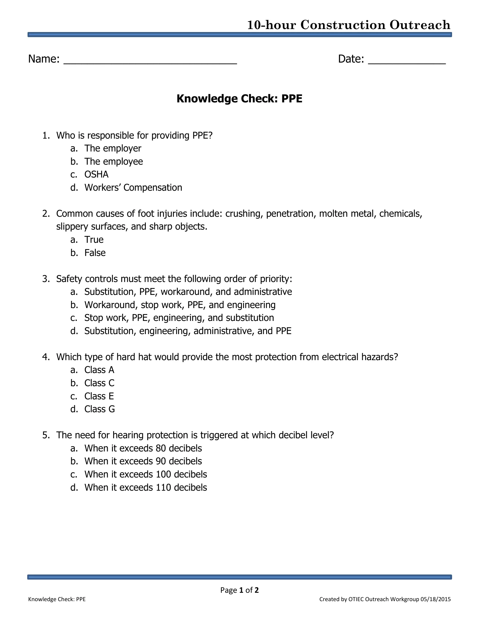 Personal Protective Equipment: Knowledge Check (OSHA 10-Hour Construction Outreach), page 1: 10-hour Construction Outreach