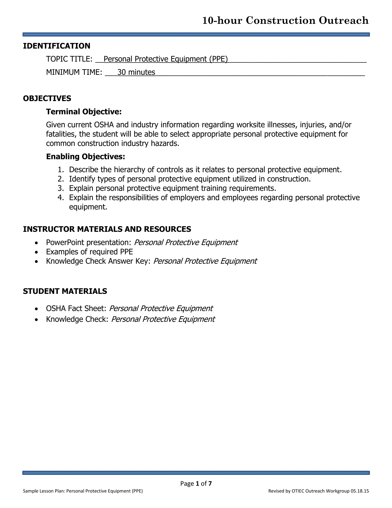 Personal Protective Equipment: Lesson Plan (OSHA 10-Hour Construction Outreach), page 1: IDENTIFICATION
