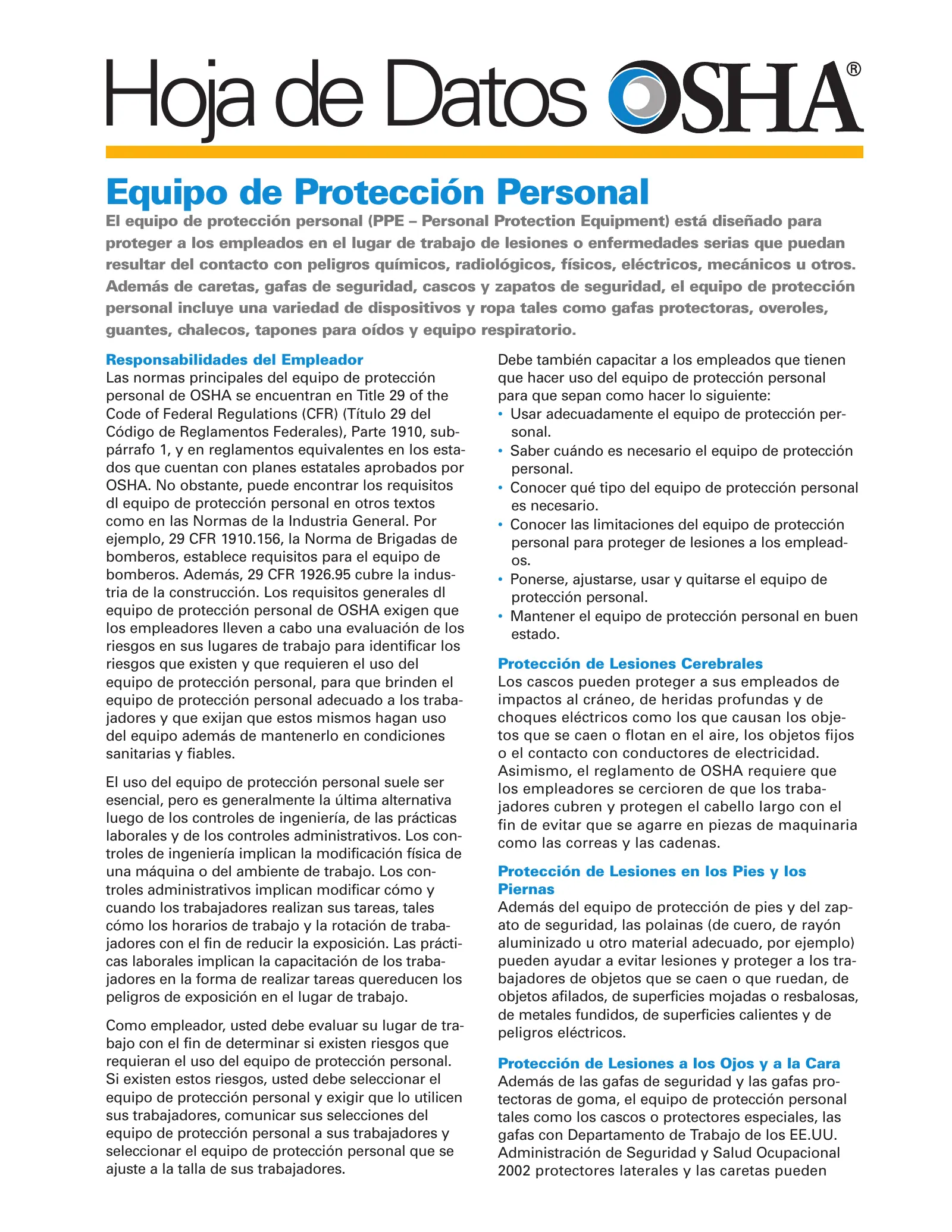 Hoja informativa: Equipo de protección personal, page 1: Hoja de Datos