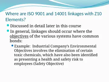 Slide 9: Where are ISO 9001 and 14001 linkages with Z10 Elements?