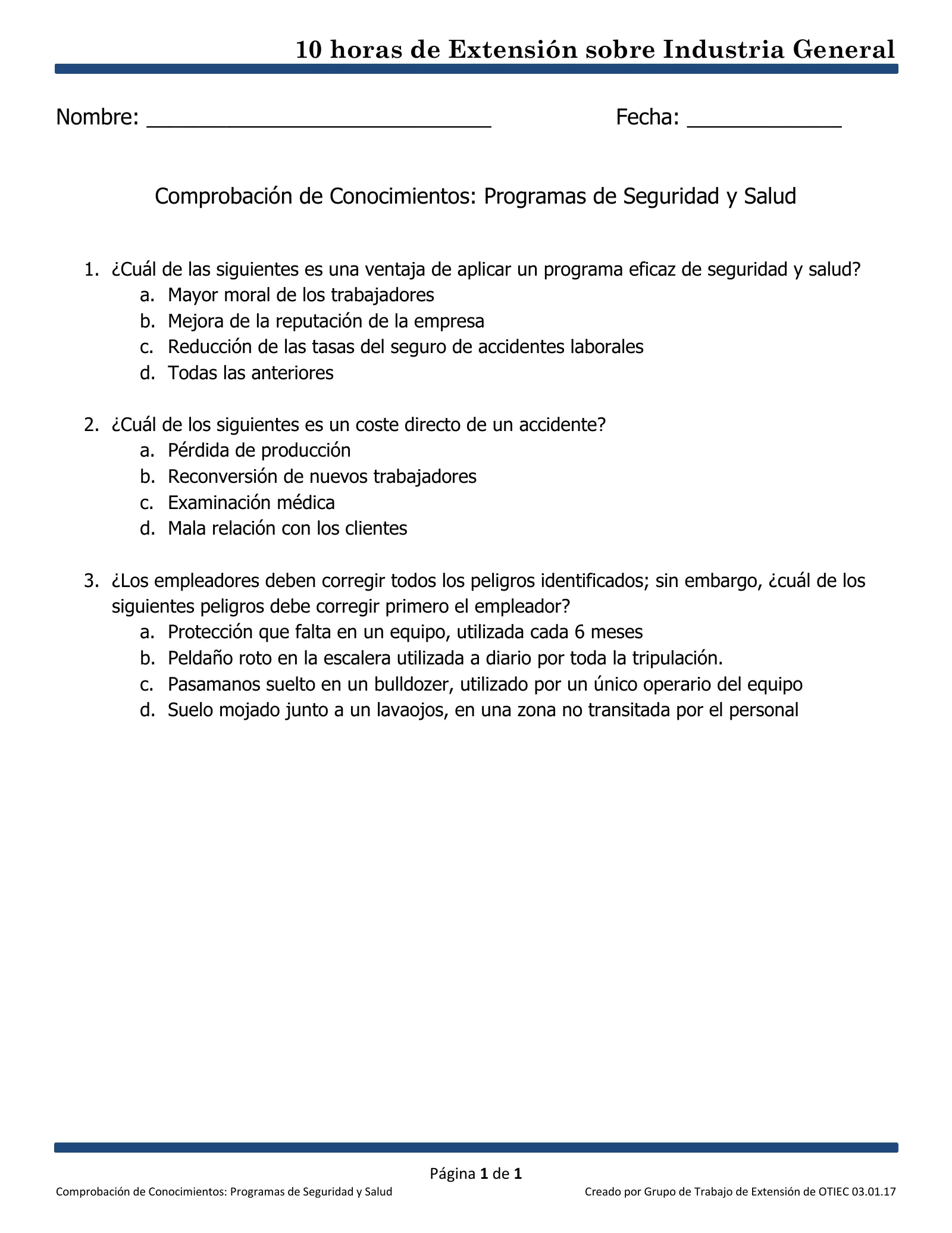 Programas de seguridad y salud: Comprobación de conocimientos (Capacitación de Extensión de 10 horas de OSHA, Industria General), page 1: 10 horas de Extensión sobre Industria General