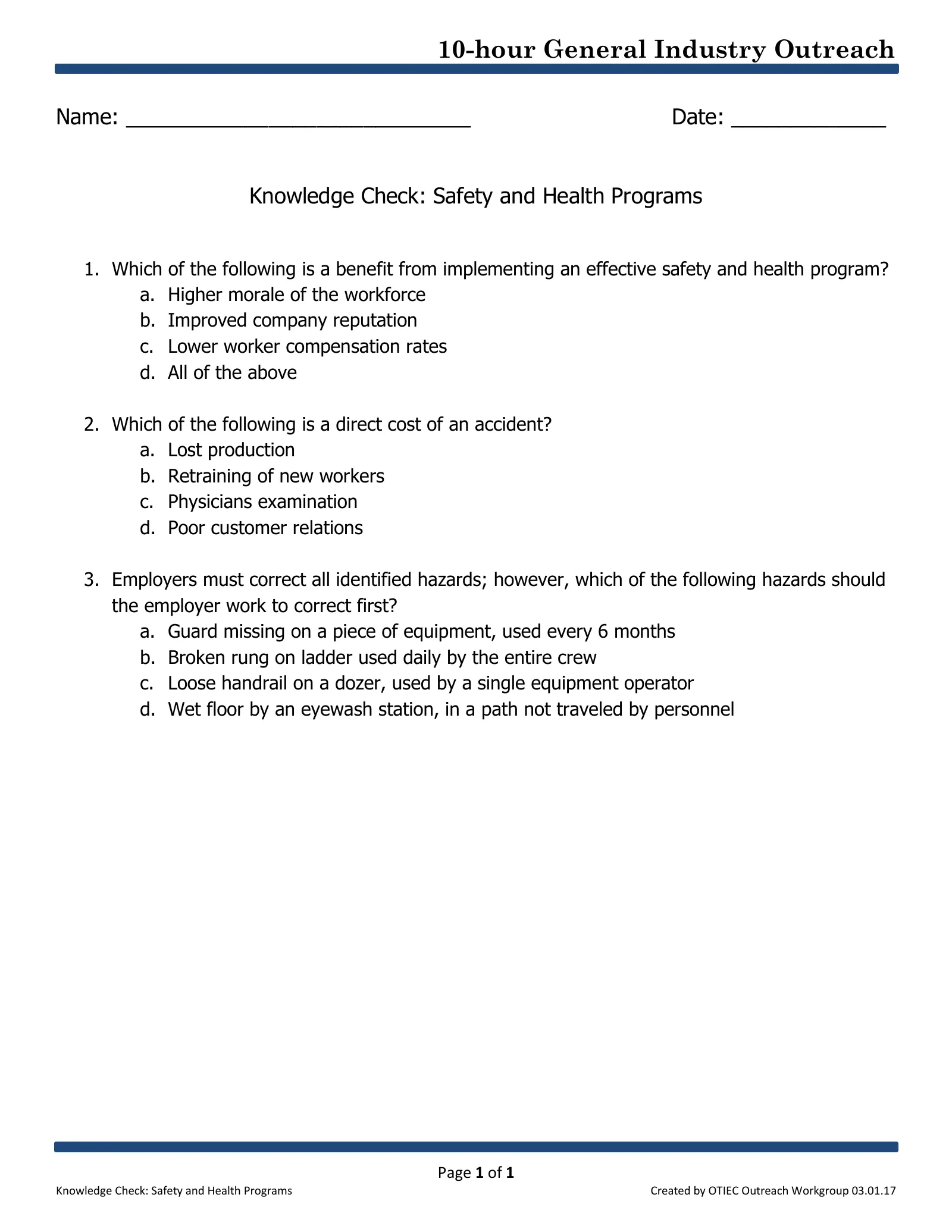Safety and Health Programs: Knowledge Check (OSHA 10-Hour General Industry Outreach), page 1: 10-hour General Industry Outreach