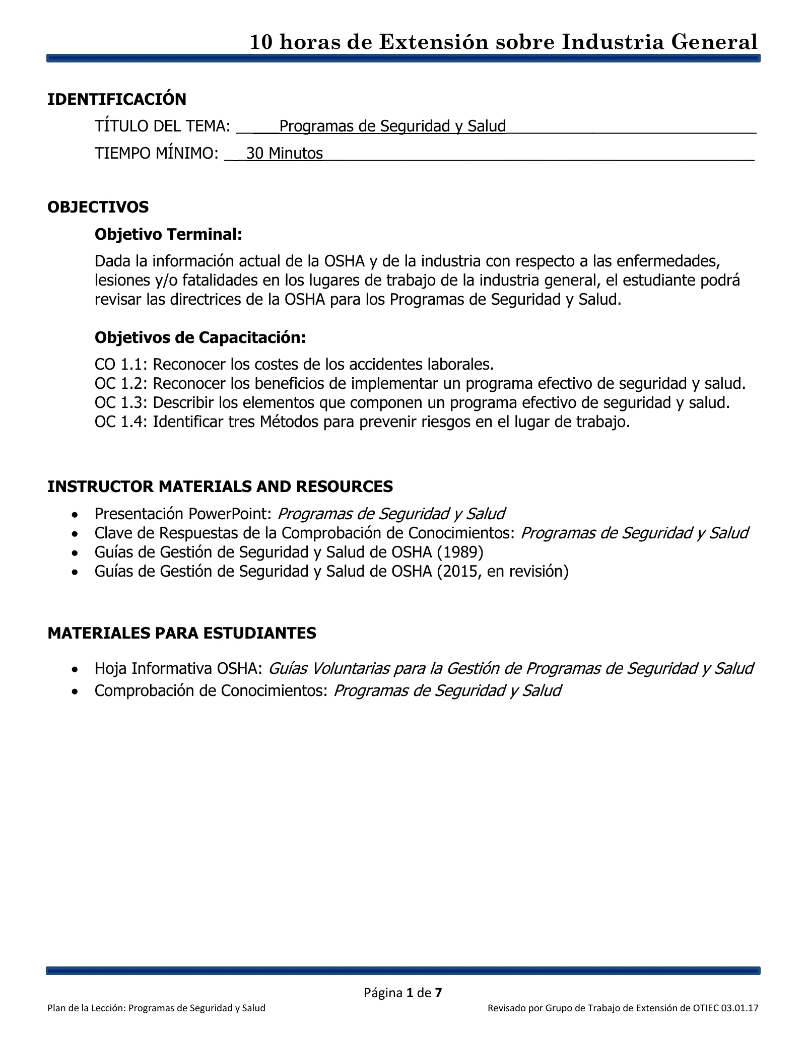 Programas de seguridad y salud: Plan de lección (Capacitación de Extensión de 10 horas de OSHA, Industria General), page 1: IDENTIFICACIÓN