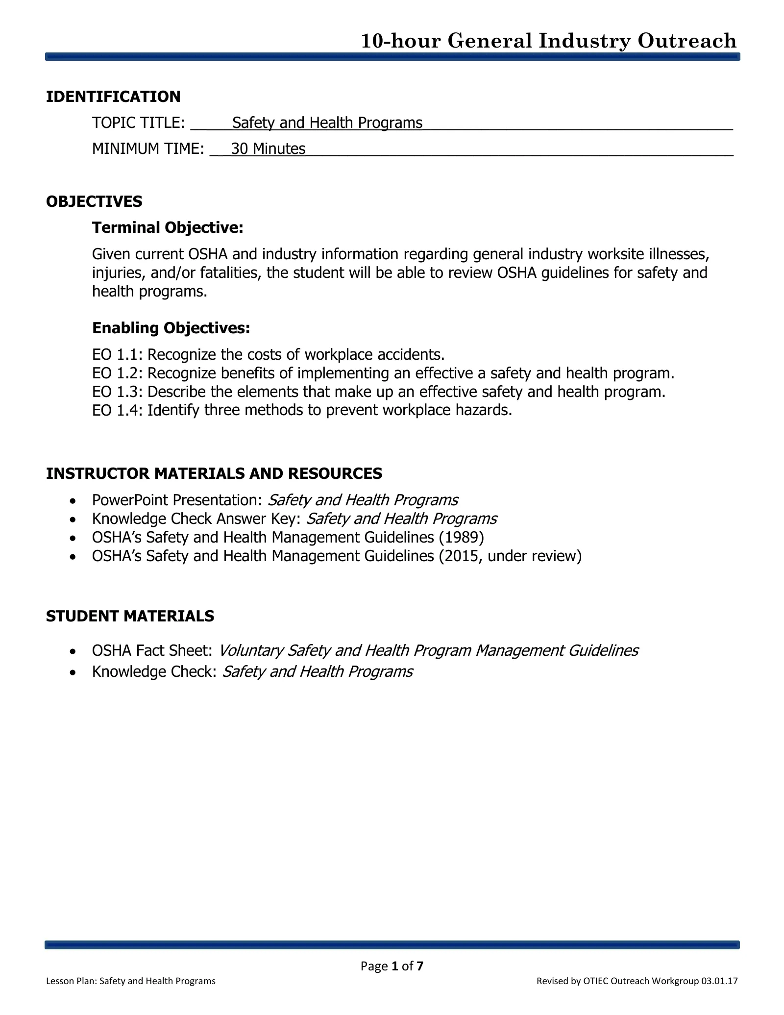 Safety and Health Programs: Lesson Plan (OSHA 10-Hour General Industry Outreach), page 1: IDENTIFICATION