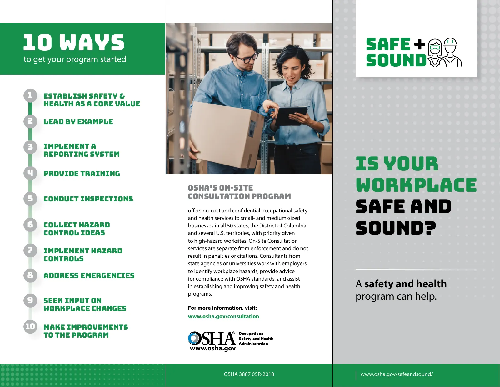 Safety and Health Programs: Safe + Sound - Ten Ways to Get Your Program Started (OSHA 3887), page 1: 10 Ways