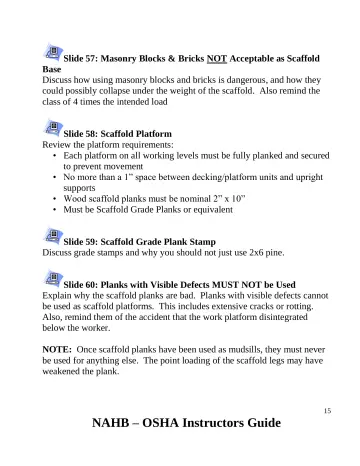 Page 16: Each platform on all working levels must be fully planked and secured to prevent movement