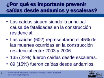 Slide 9: ¿Por qué es importante prevenir caídas desde andamios y escaleras?