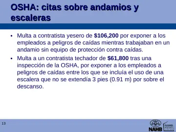 Slide 13: OSHA: citas sobre andamios y escaleras