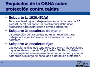 Slide 14: Requisitos de la OSHA sobre protección contra caídas