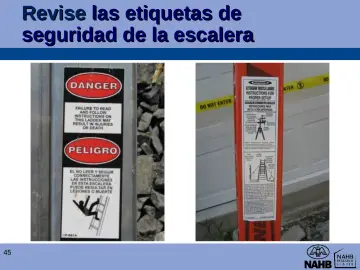 Slide 45: Revise las etiquetas de seguridad de la escalera