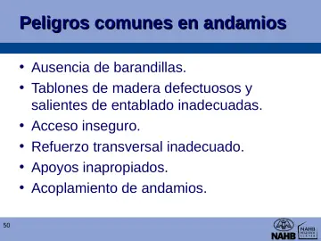 Slide 50: Peligros comunes en andamios