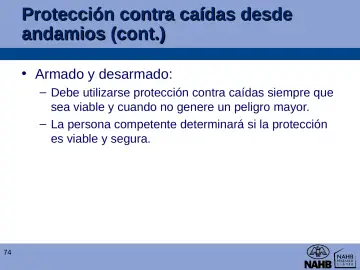 Slide 74: Protección contra caídas desde andamios (cont.)