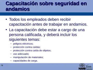 Slide 78: Capacitación sobre seguridad en andamios