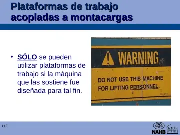 Slide 112: Plataformas de trabajo acopladas a montacargas