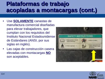 Slide 114: Plataformas de trabajo acopladas a montacargas (cont.)