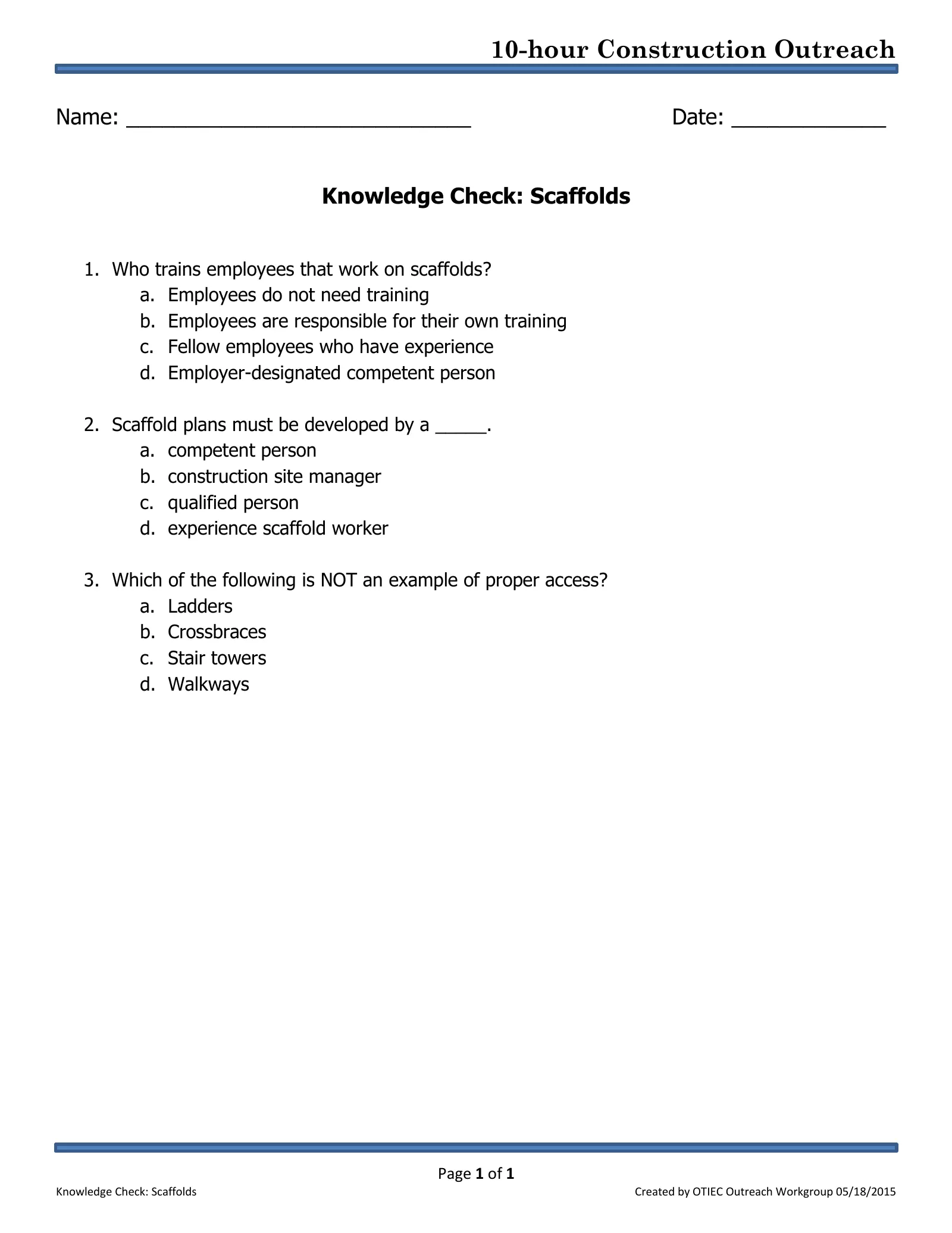 Scaffolds: Knowledge Check (OSHA 10-Hour Construction Outreach), page 1: 10-hour Construction Outreach