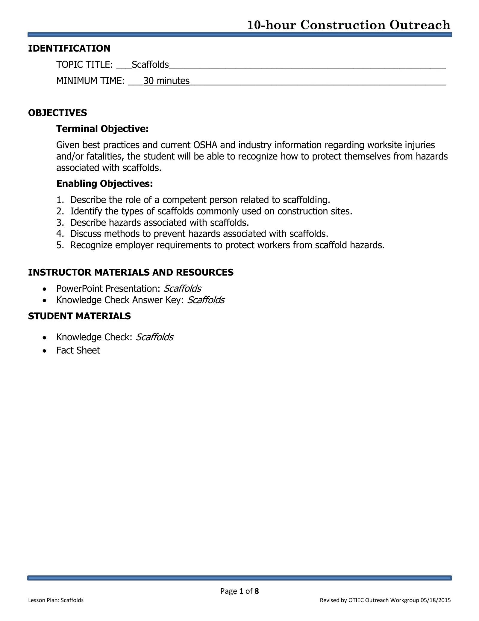 Scaffolds: Lesson Plan (OSHA 10-Hour Construction Outreach), page 1: IDENTIFICATION