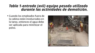 Slide 33: Tabla 1-entrada (xvii) equipo pesado utilizado durante las actividades de demolición.