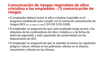 Slide 69: Comunicación de riesgos respirables de sílice cristalina a los empleados - (1)…
